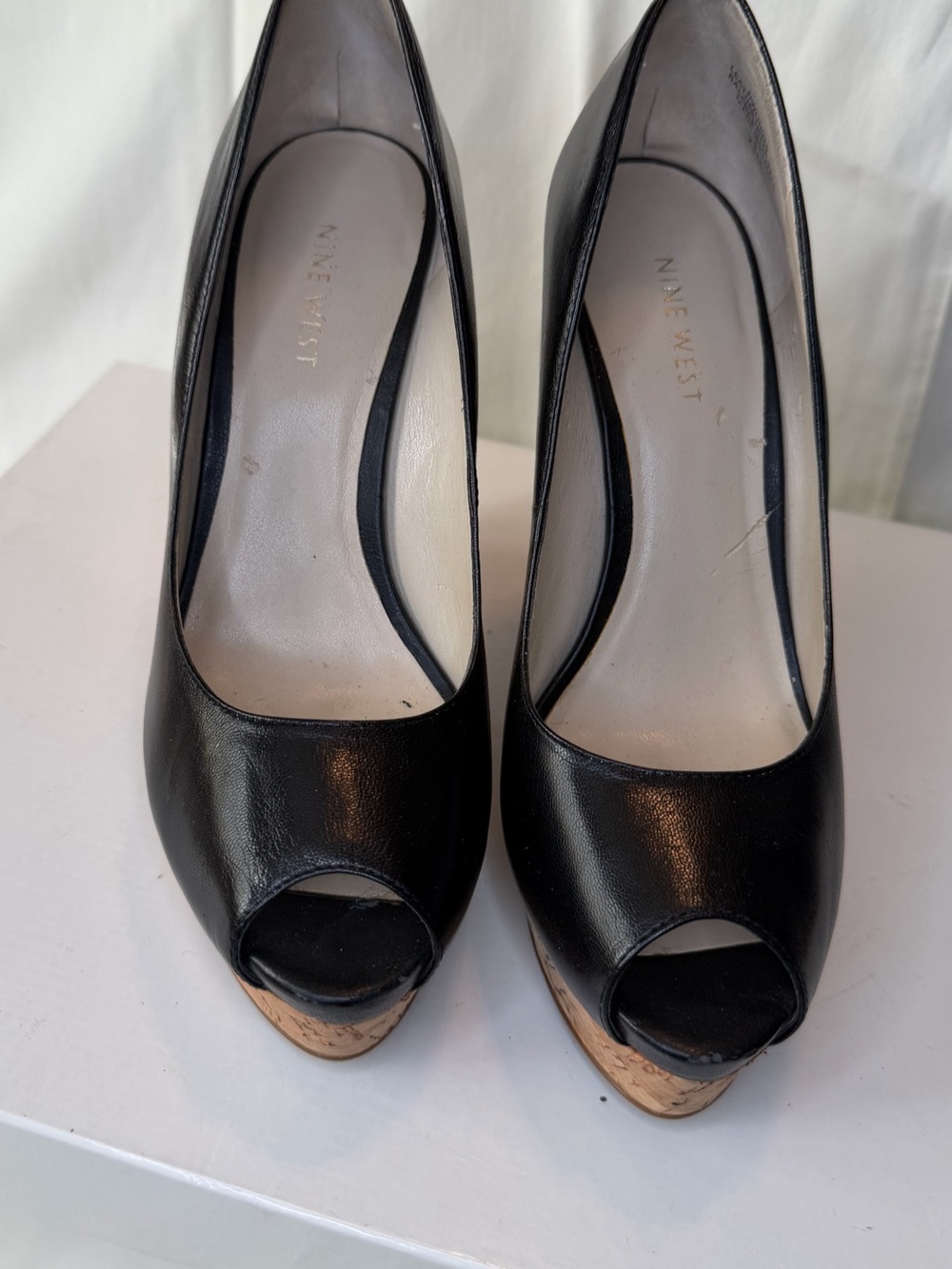 Nine West Black Peep-Toe Platform Wedges with Cork Trim